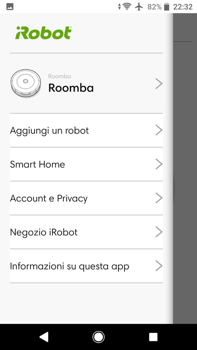 Menu app iRobot Home